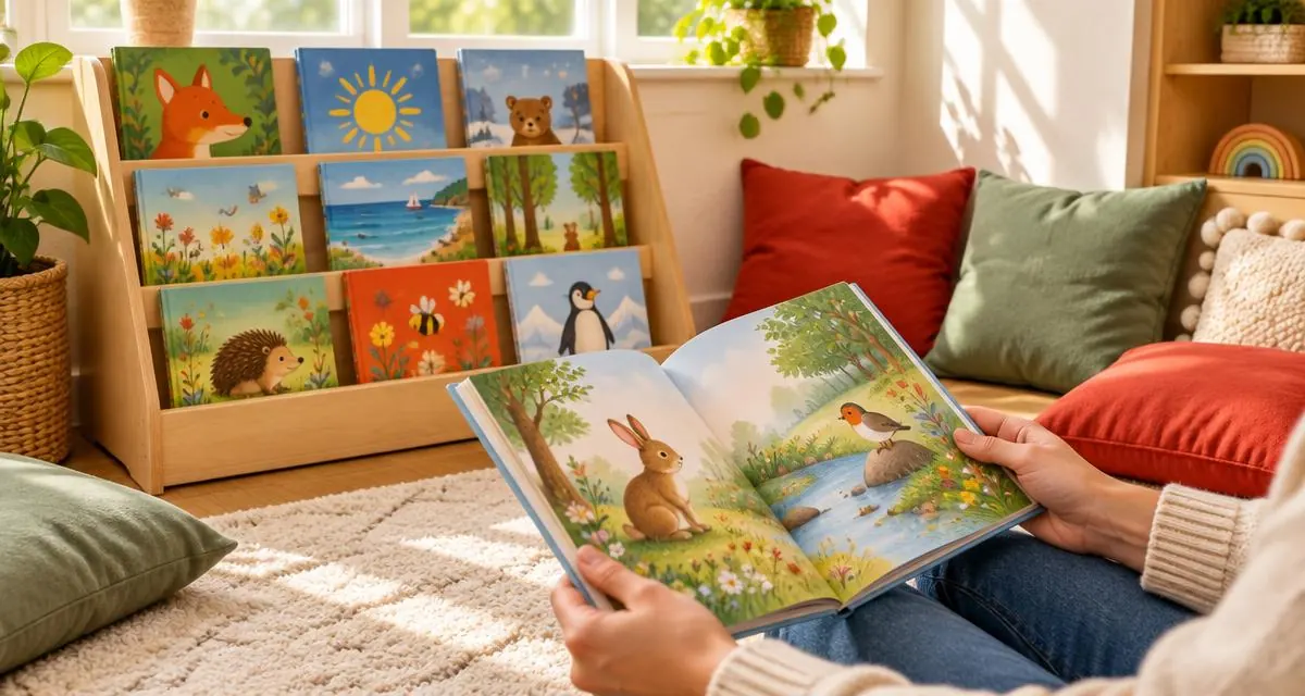 An adult's hands holding an open picture book in a sunny story corner with cushions and a book display