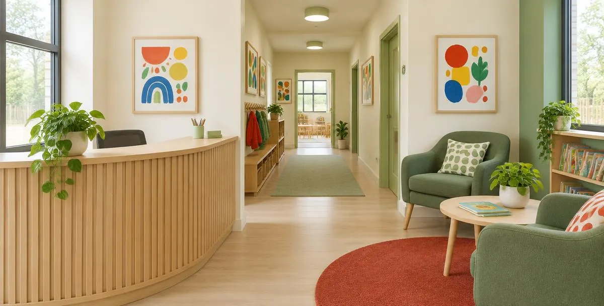 Welcoming reception area with a wooden desk, armchairs for parents and colourful artwork