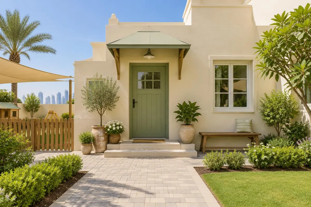 Cream villa-style entrance with a green door, potted plants and a paved path