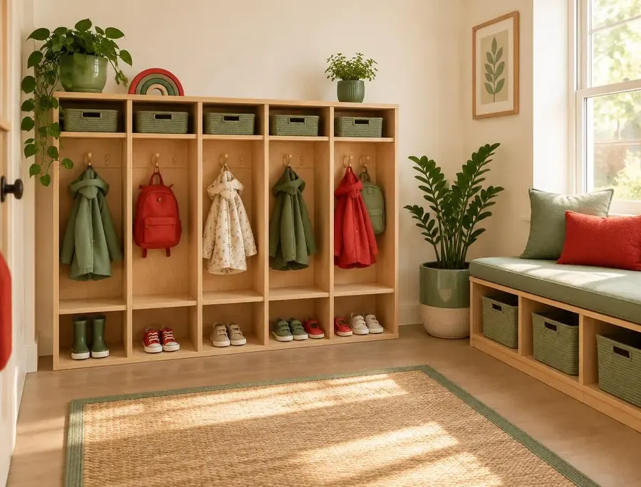 Arrival area with wooden cubbies, coats, small shoes and a cushioned bench