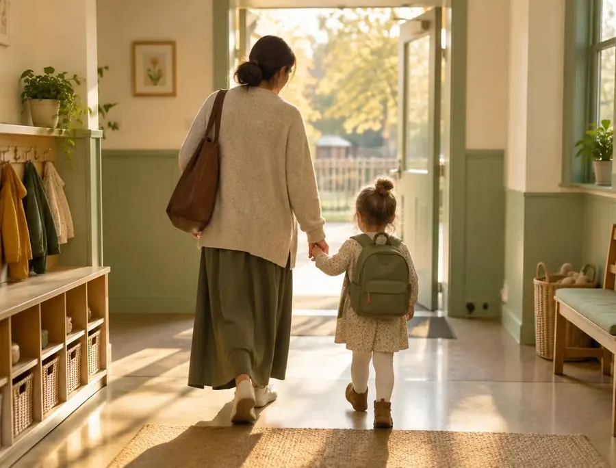 An adult and a child, seen from behind, walking hand in hand towards an open door