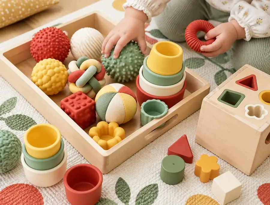 Small hands exploring a tray of colourful sensory balls and stacking cups