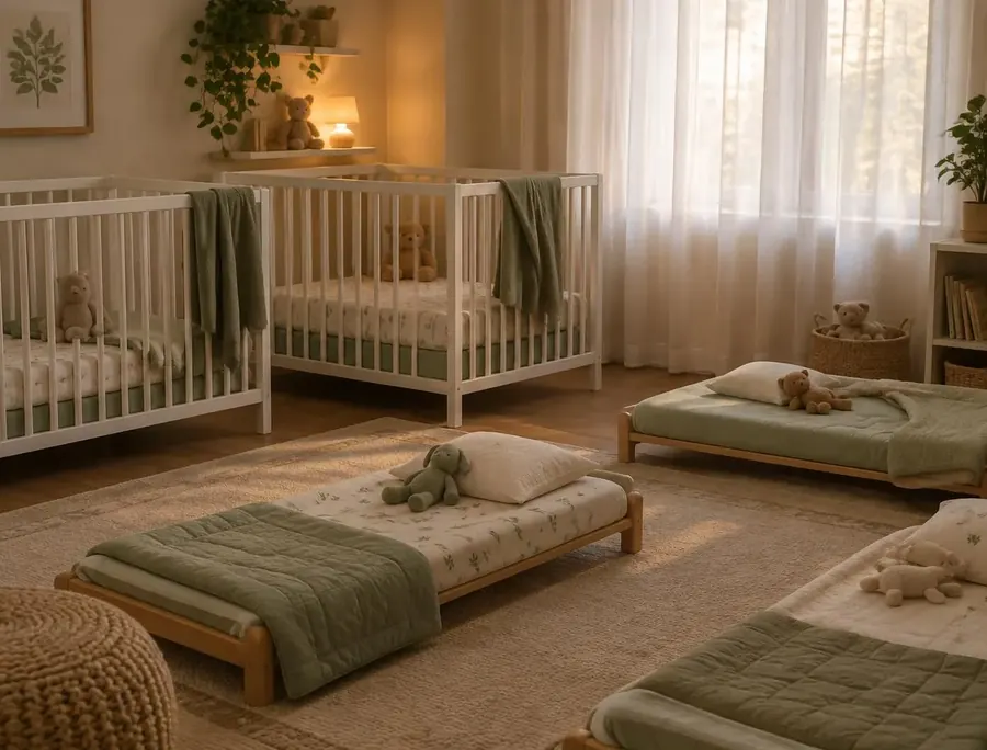 Calm nap room with cribs and low cots with soft green bedding