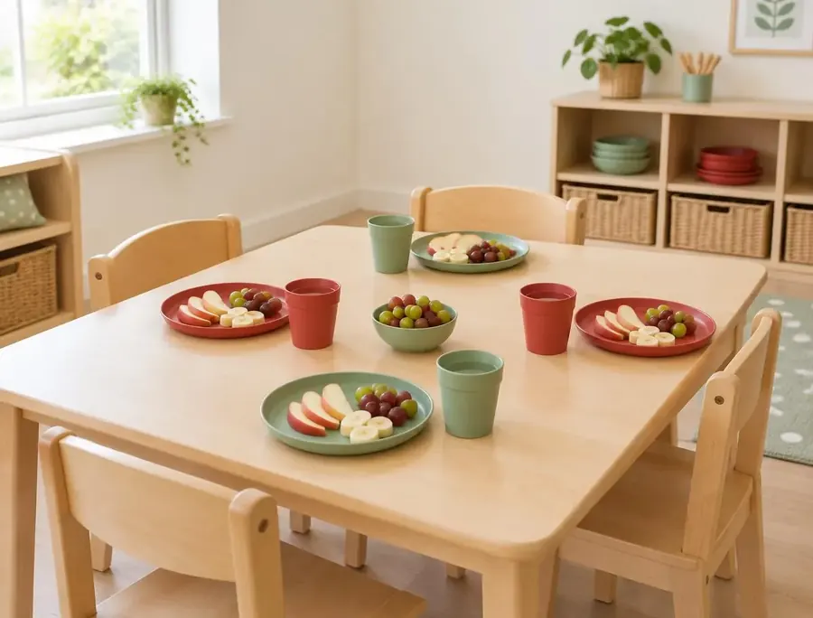 Child-sized table set with fruit snacks and cups