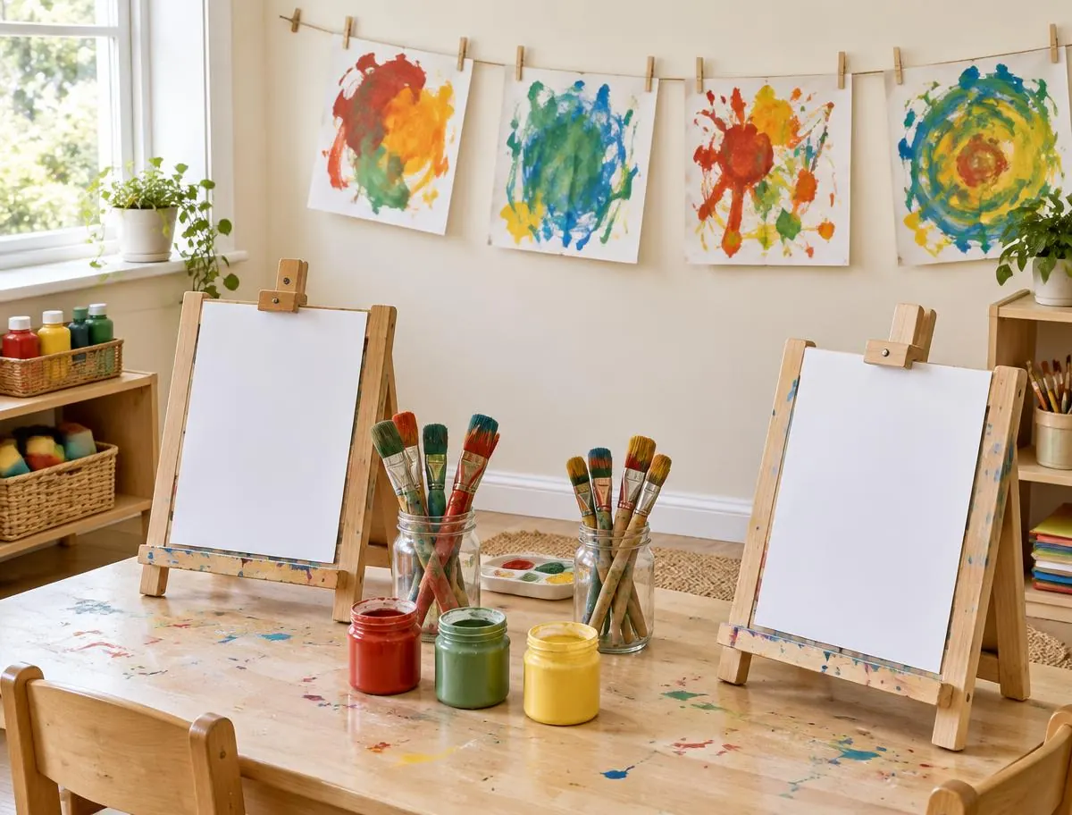 Art corner with small easels, brushes, paint pots and colourful paintings