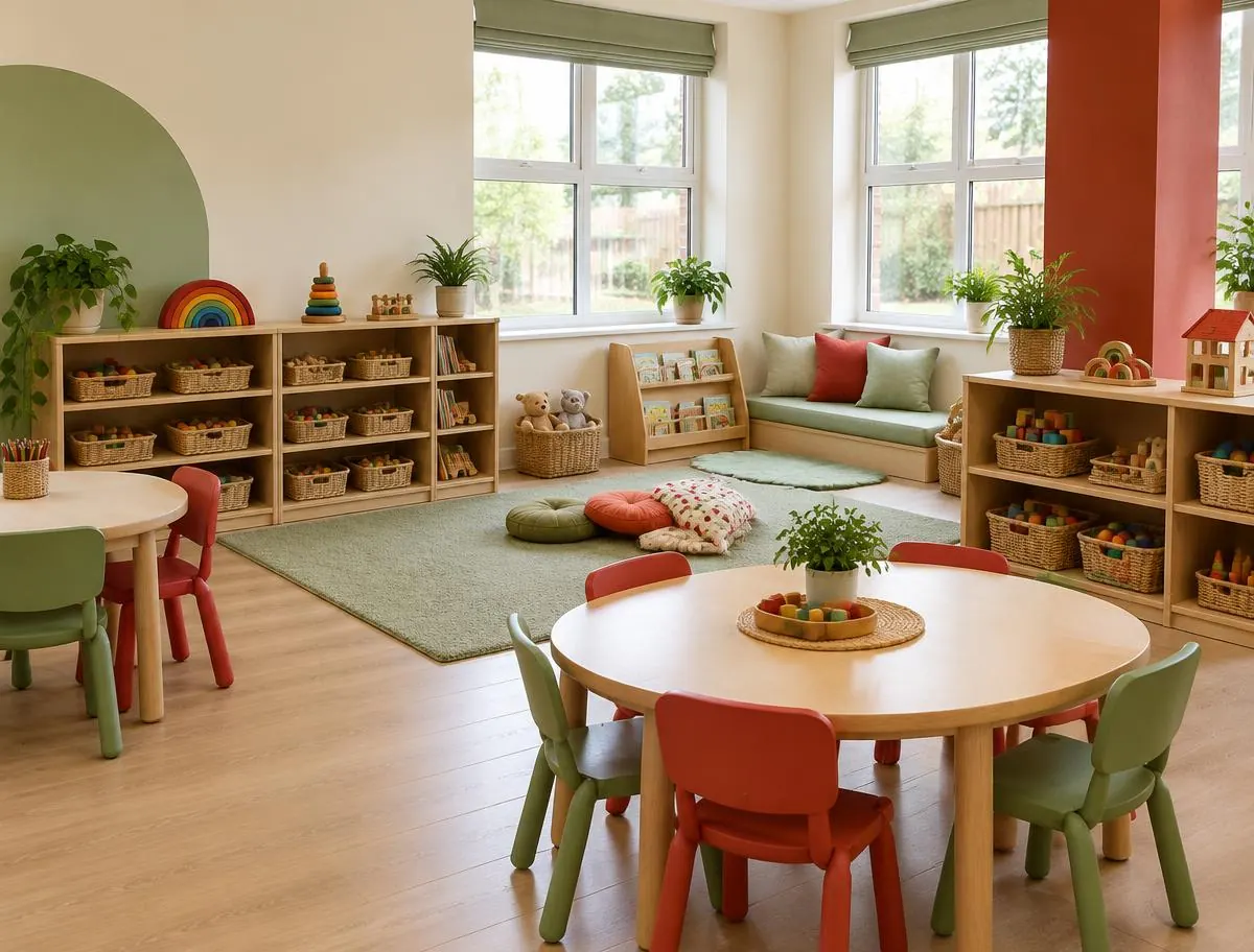 Bright classroom with small tables and chairs, toy baskets and a soft rug