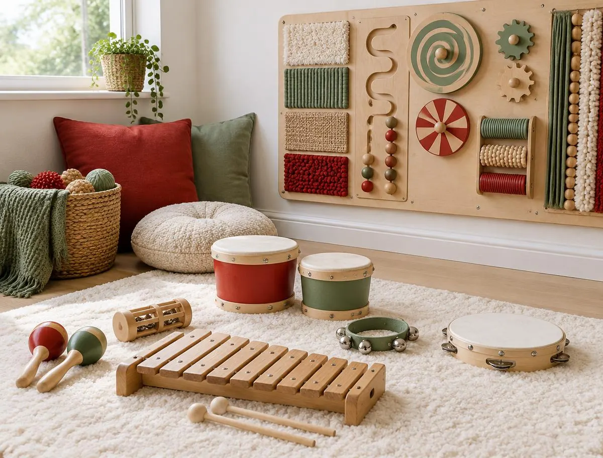Music and sensory corner with drums, a xylophone, shakers and a textured sensory wall