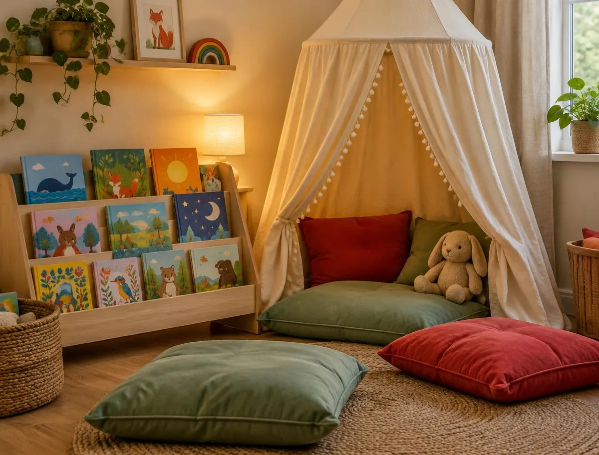 Reading corner with a canopy tent, floor cushions and picture books