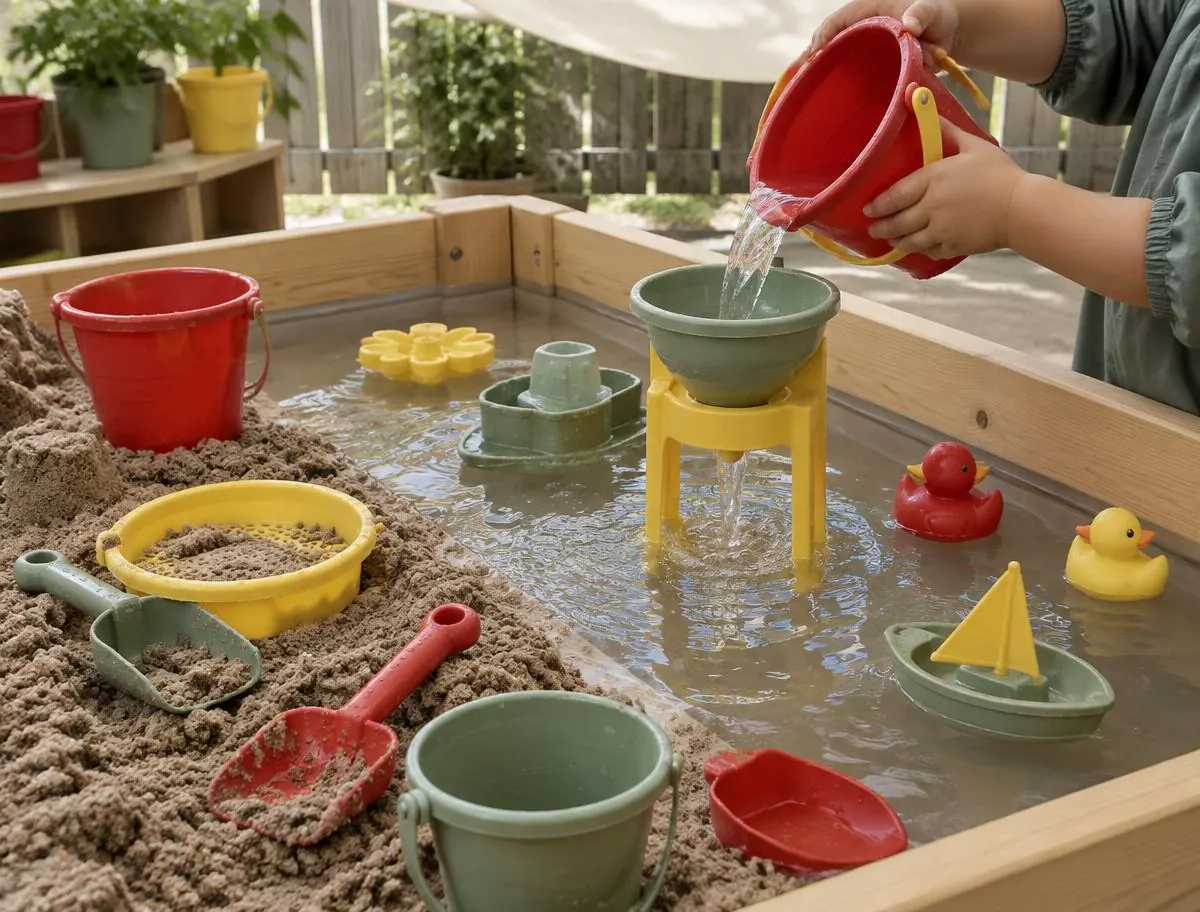 Sand and water play table with buckets, scoops and floating toys