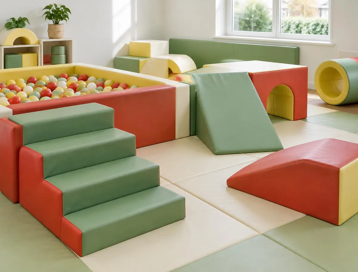 Indoor soft play area with foam steps, ramps and a ball pit