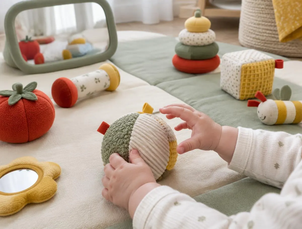 A baby's hands exploring soft textured toys on a green and cream play mat