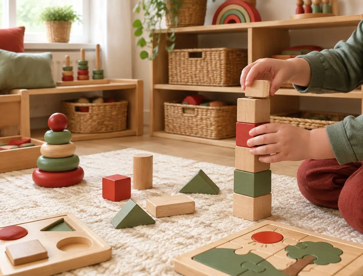 A child's hands stacking wooden blocks on a rug beside puzzles and shape toys