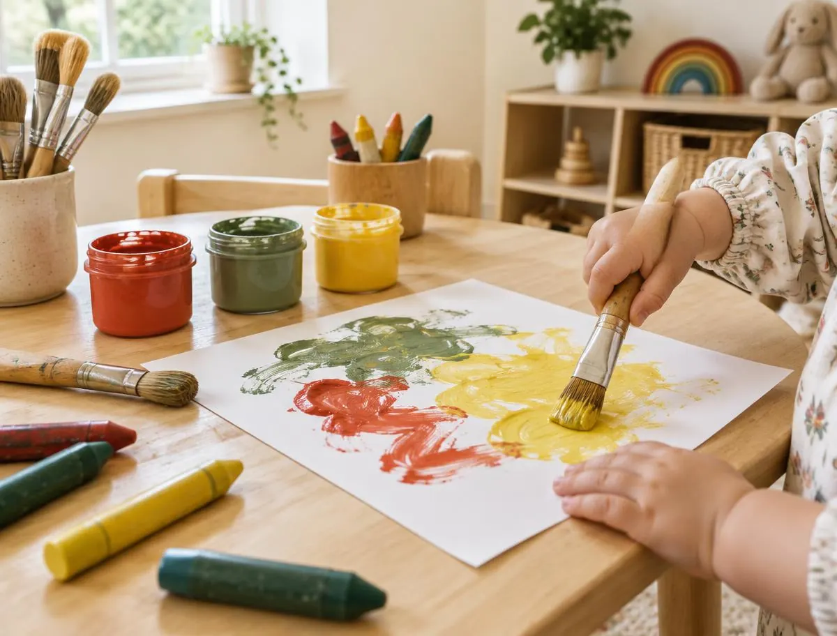 A toddler's hand painting with red, green and yellow paint at a small art table